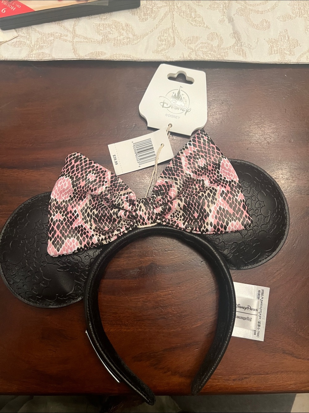 NWT! Rare Disney Loungefly Black Minnie Ears with Pink and Green Snake-Print Bow